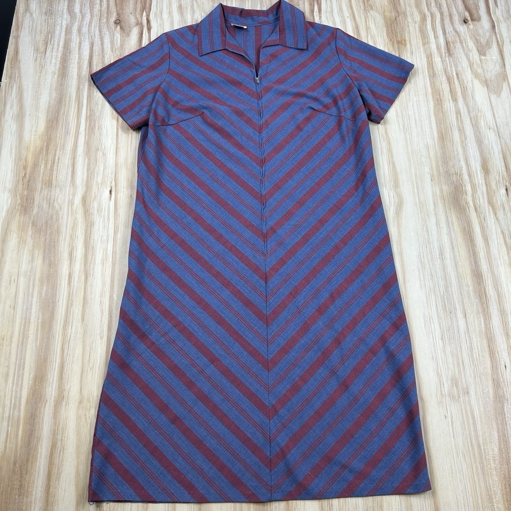True VTG 50s Carole Joanne Women's Dress Size M Red Blue Short Sleeve Collar Zip